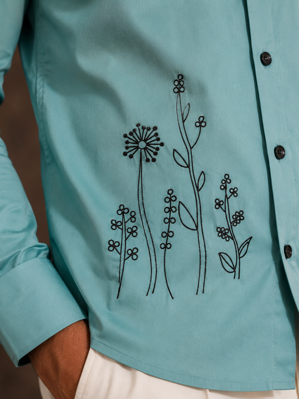 CYAN EMBROIDERED DESIGNER SATIN COTTON SHIRT MEN'S