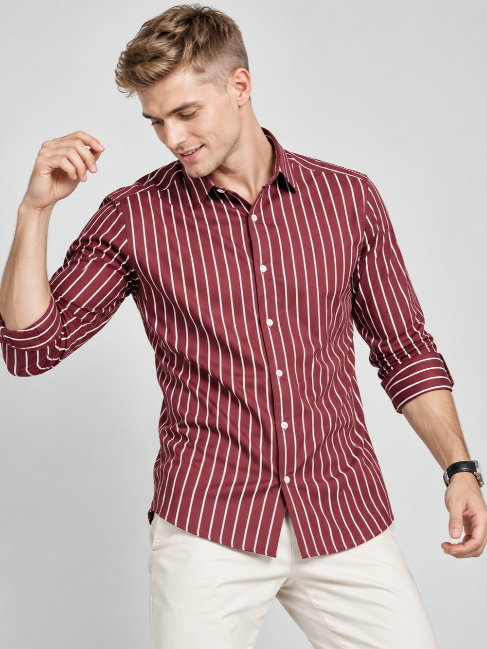 Men Classic Maroon Striped Formal, Casual Wear Shirt