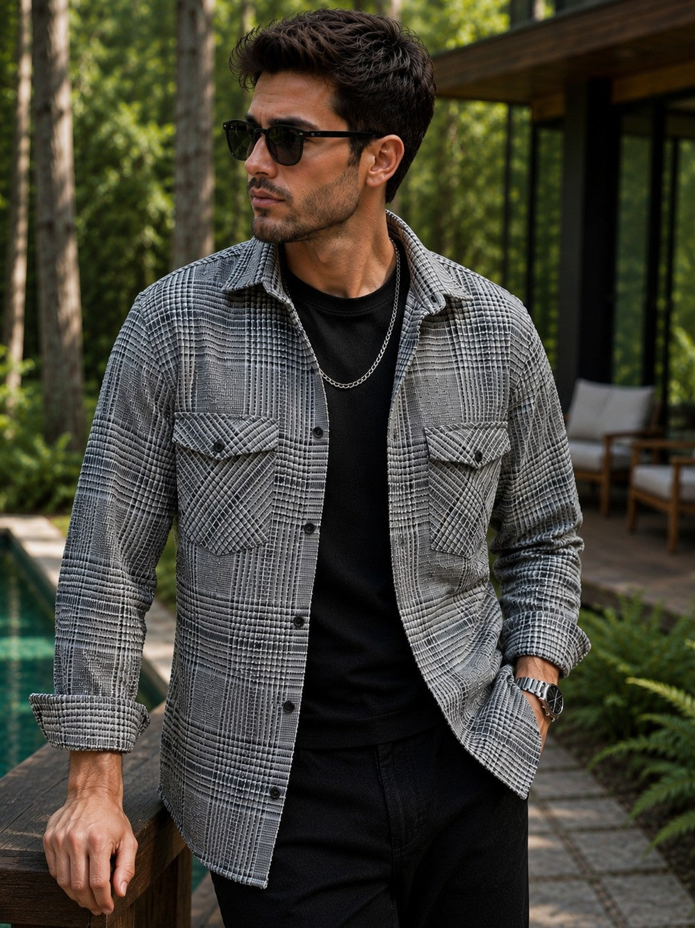FOOMER GREY GLEN CHECKED CASUAL SHIRT FOR MEN'S
