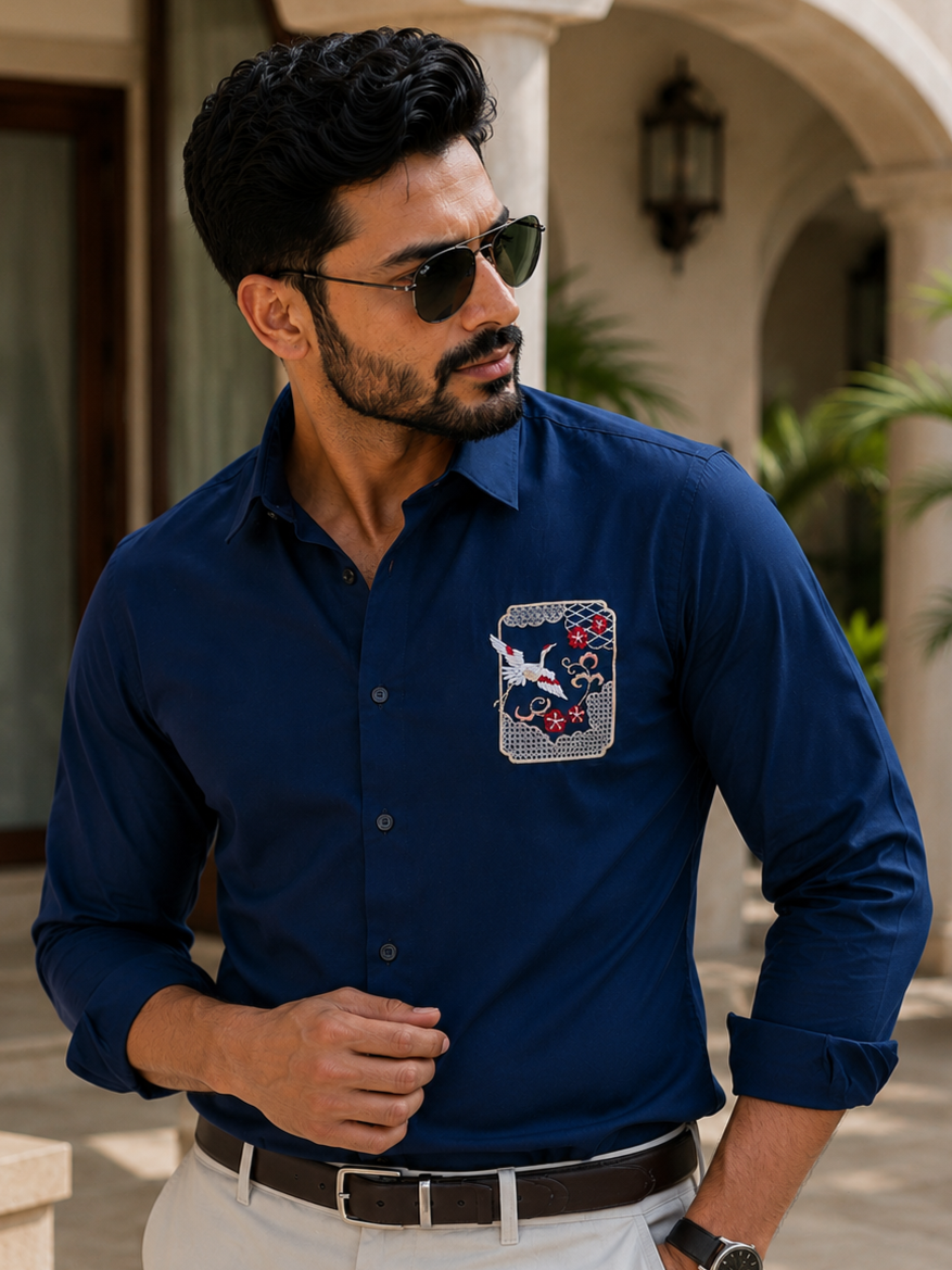 NAVY BLUE EMBROIDERED DESIGNER SATIN COTTON SHIRT MEN'S