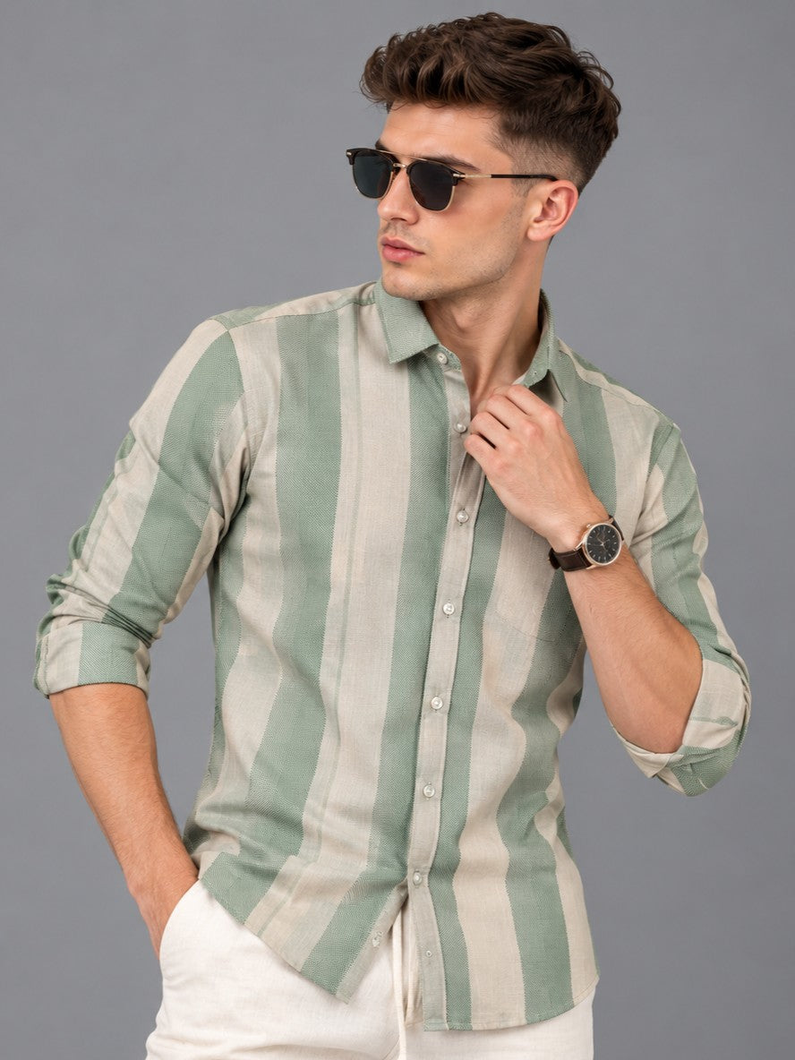 Men's Green Big Striped Formal, Casual Shirt