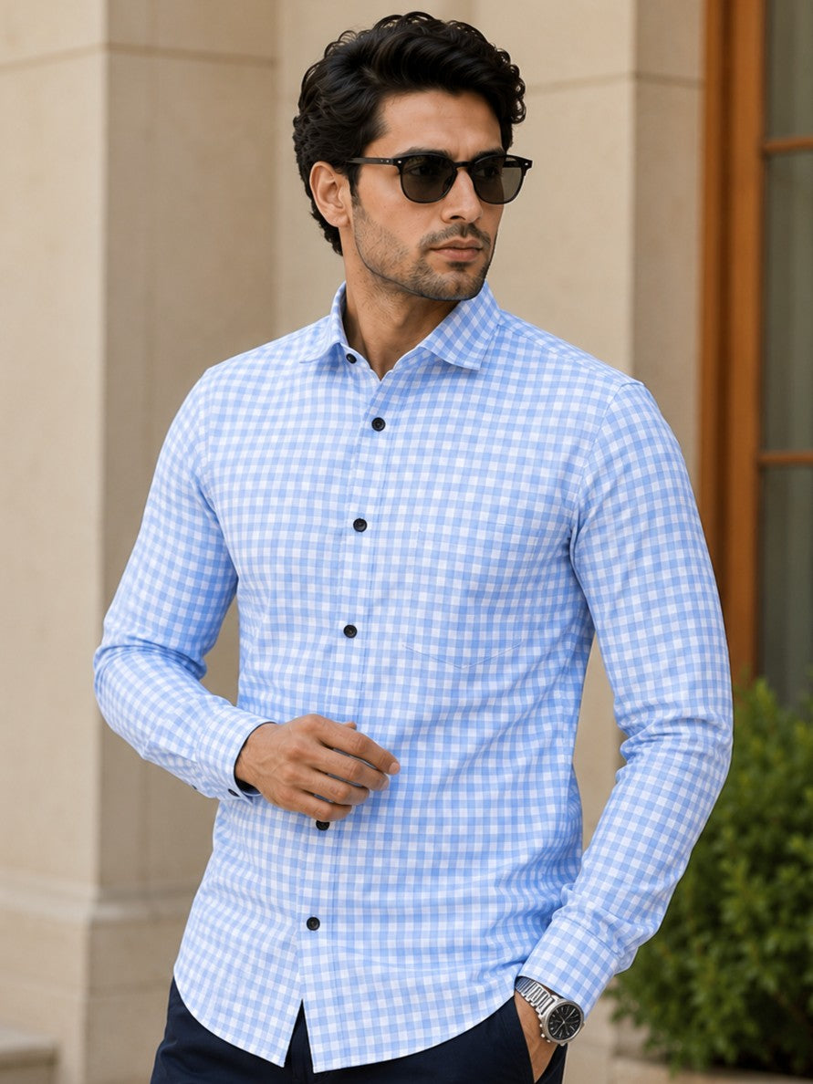 SKY CHECKERED PRINTED COTTON CASUAL SHIRT FOR MEN'S