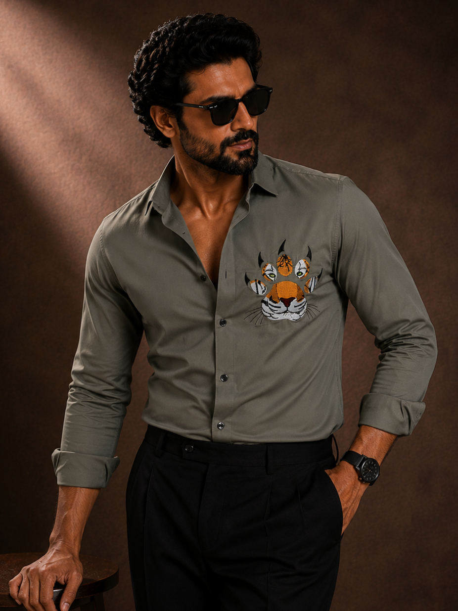 GREEN EMBROIDERED DESIGNER SATIN COTTON SHIRT MEN'S