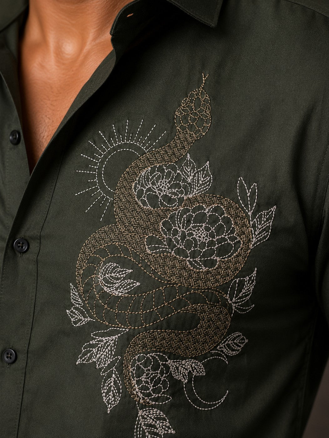OLIVE EMBROIDERED DESIGNER SATIN COTTON SHIRT MEN'S