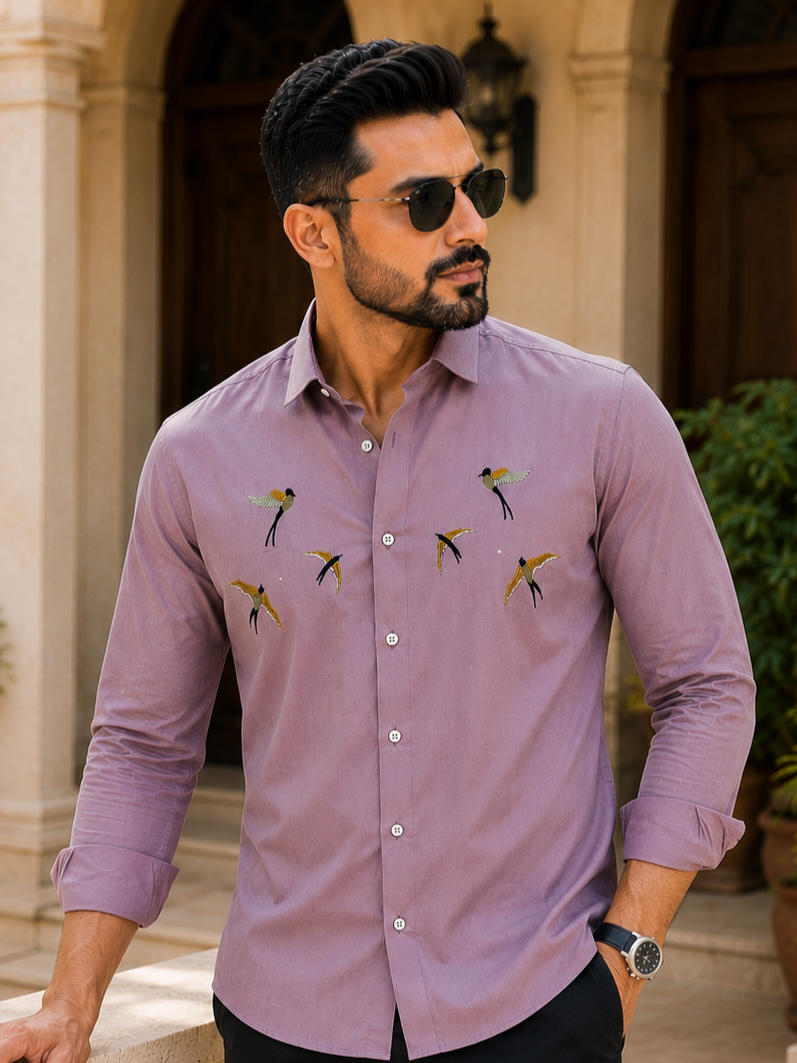 MAGENTO BIRDS EMBROIDERED DESIGNER SATIN COTTON SHIRT MEN'S