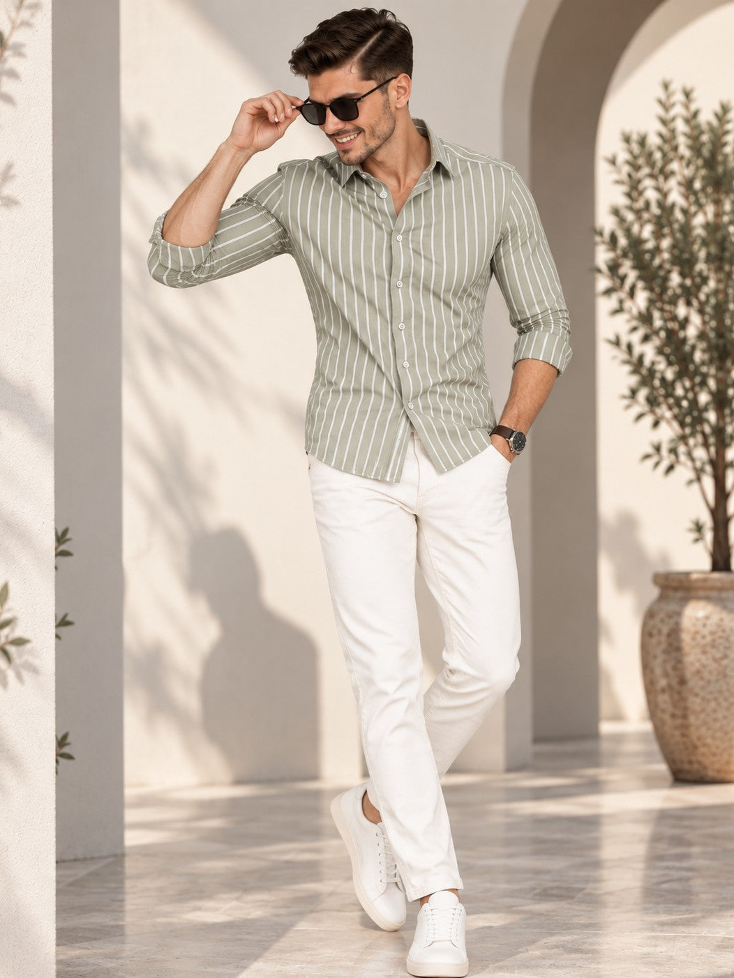 Men Classic Light Green Striped Formal, Casual Wear Shirt