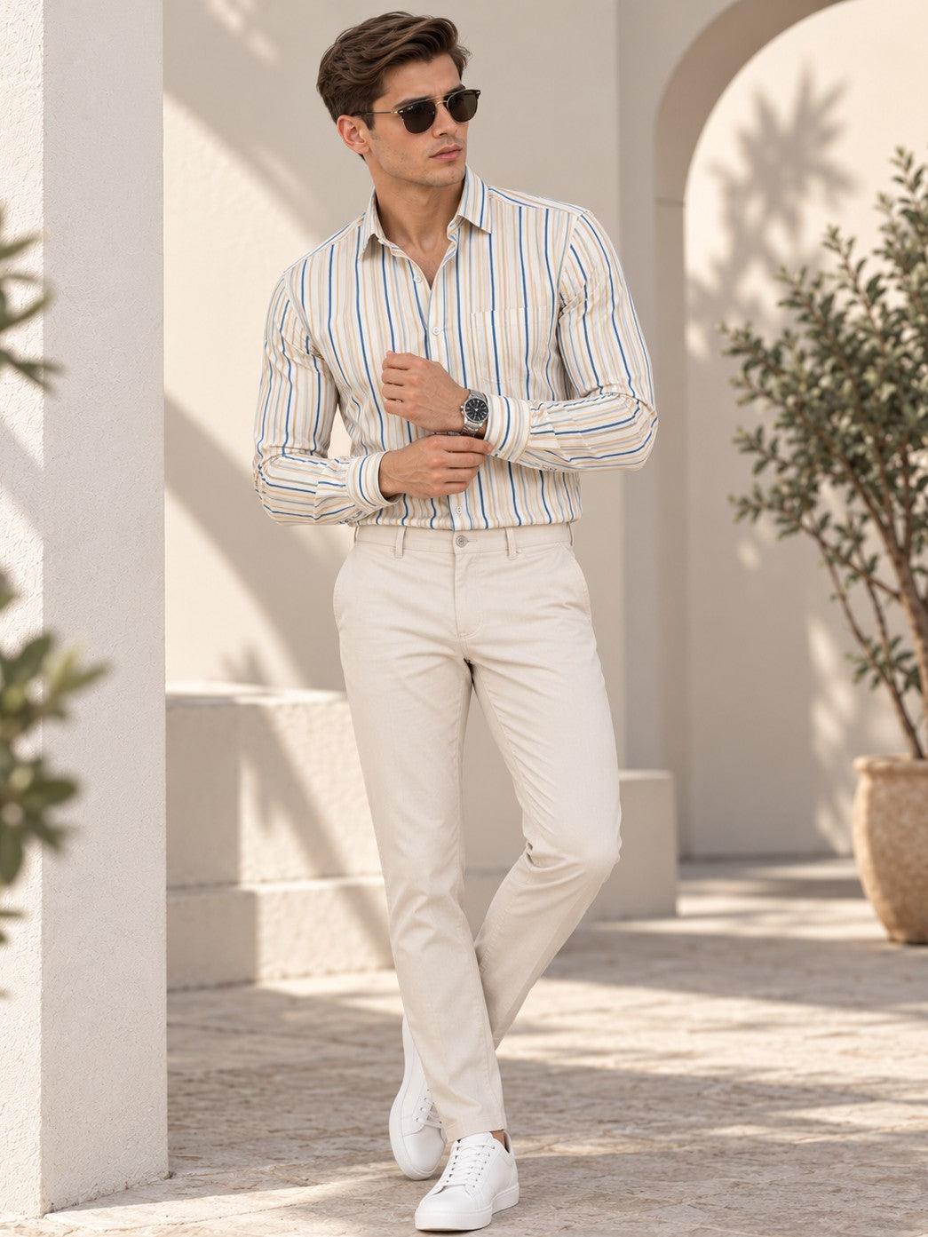 Men Classic Beige Striped Formal, Casual Wear Shirt