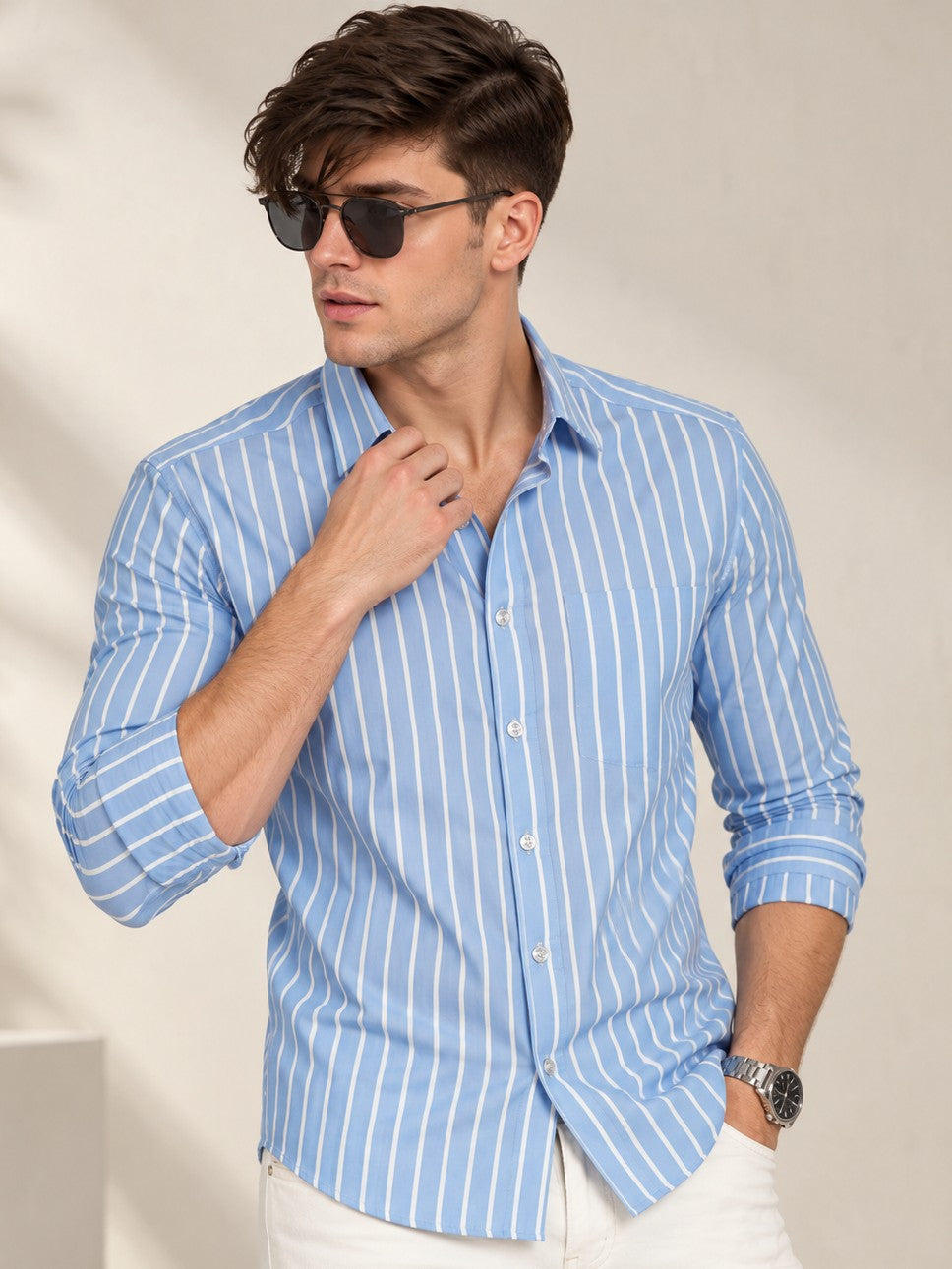 Men Classic Sky Blue Striped Formal, Casual Wear Shirt