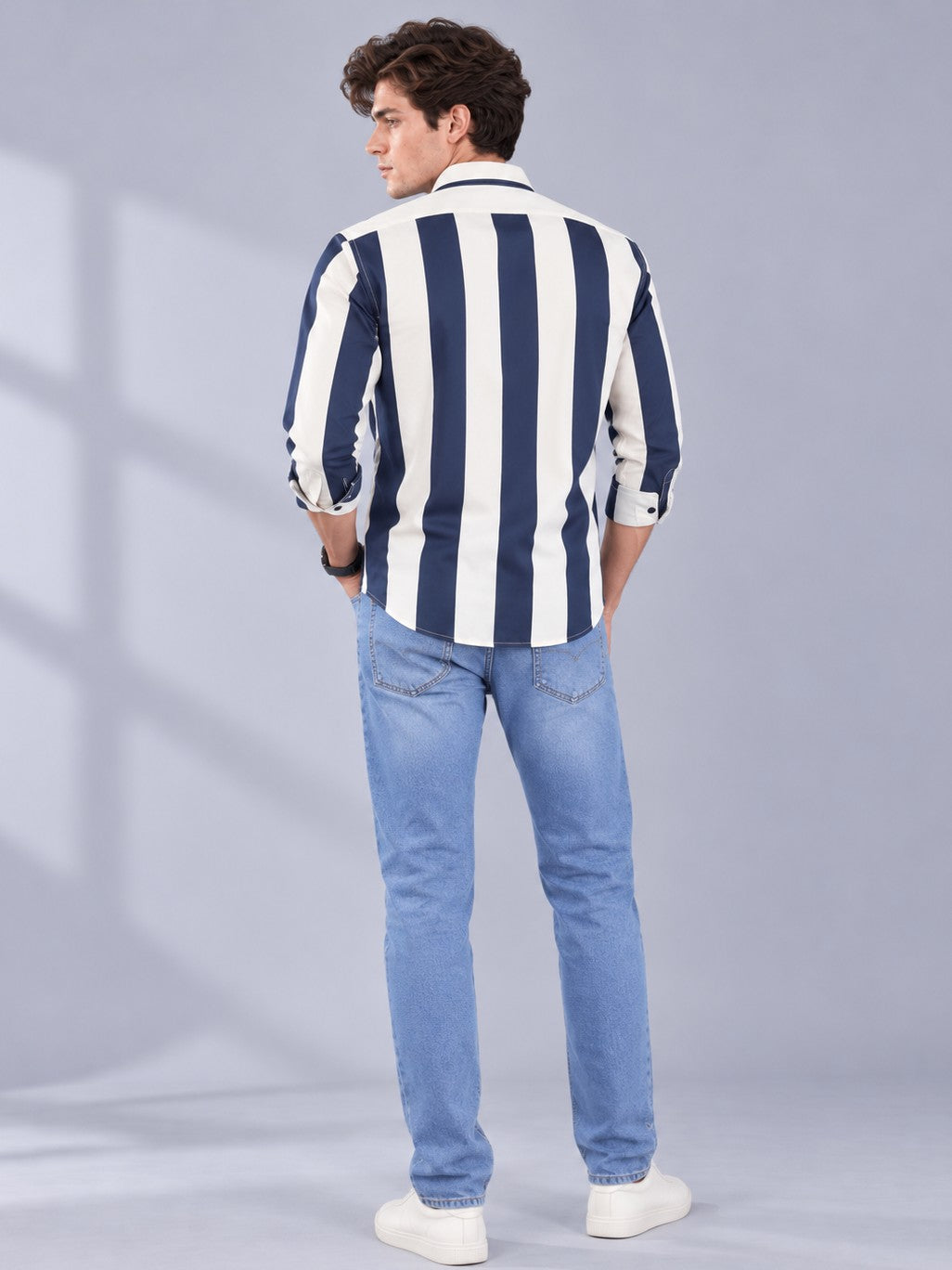 Men Navy Striped Regular Fit Formal, Casual Wear Shirt