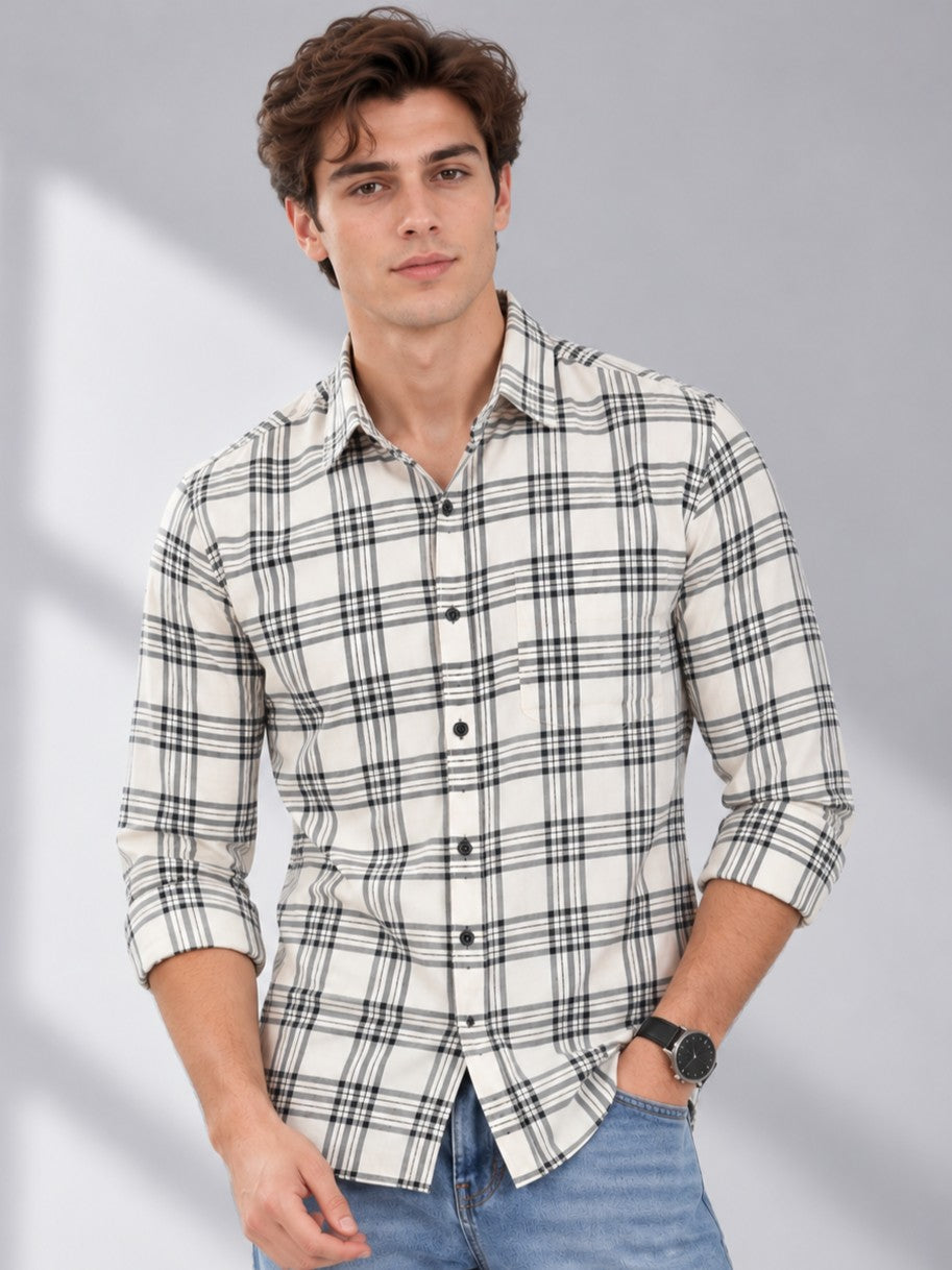 Men's Cream Checked Casual and Formal Shirt
