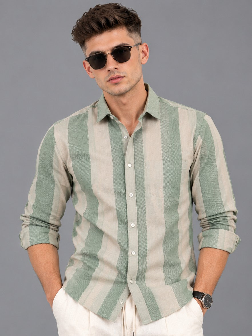 Men's Green Big Striped Formal, Casual Shirt