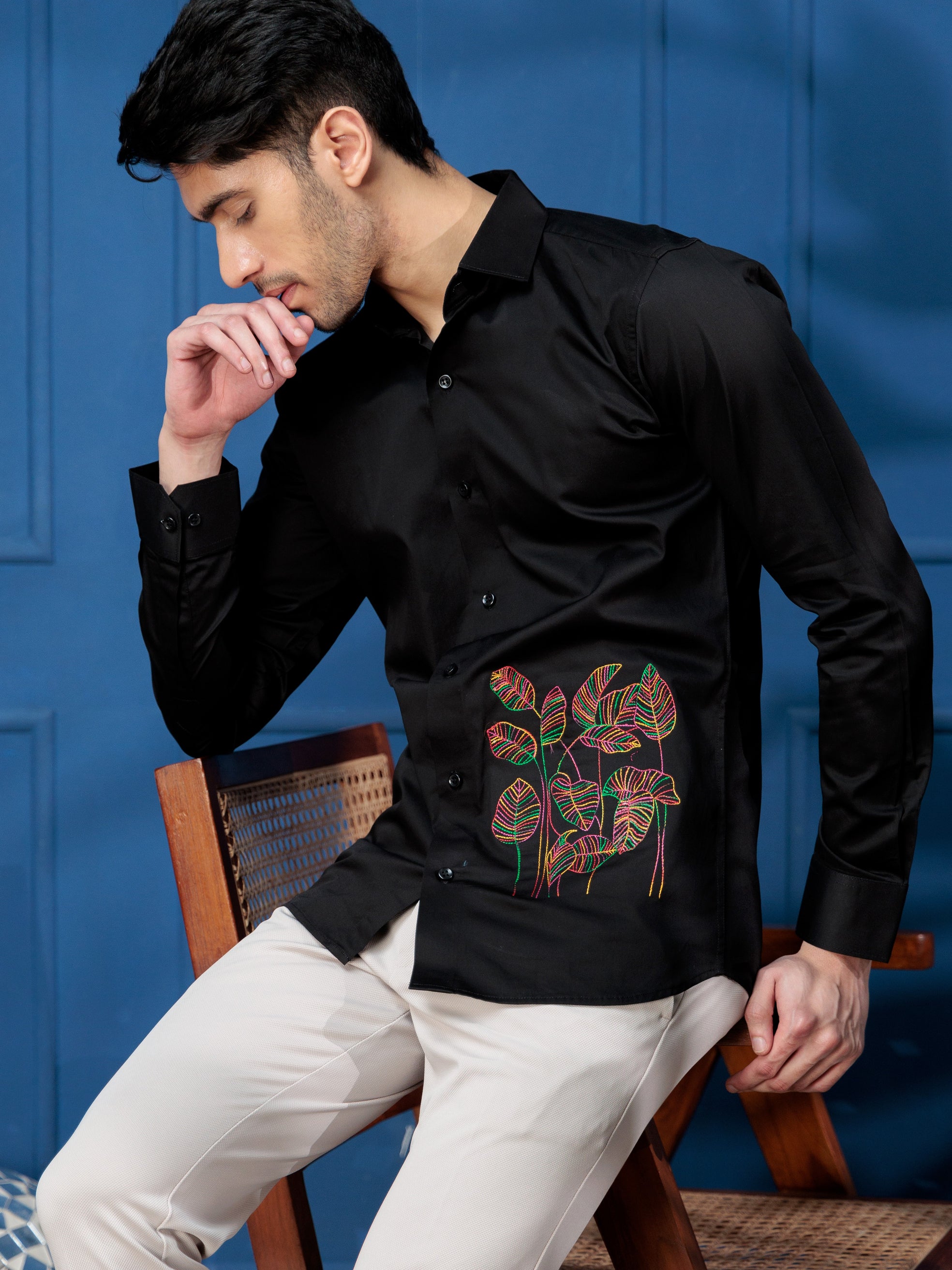 FOOMER LEAVES EMBROIDERED BLACK LUXURY COTTON SHIRT FOR MEN