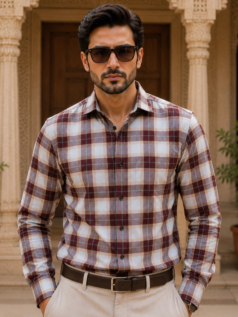 SQUARE WINE CHECKED COTTON CASUAL SHIRT FOR MEN'S
