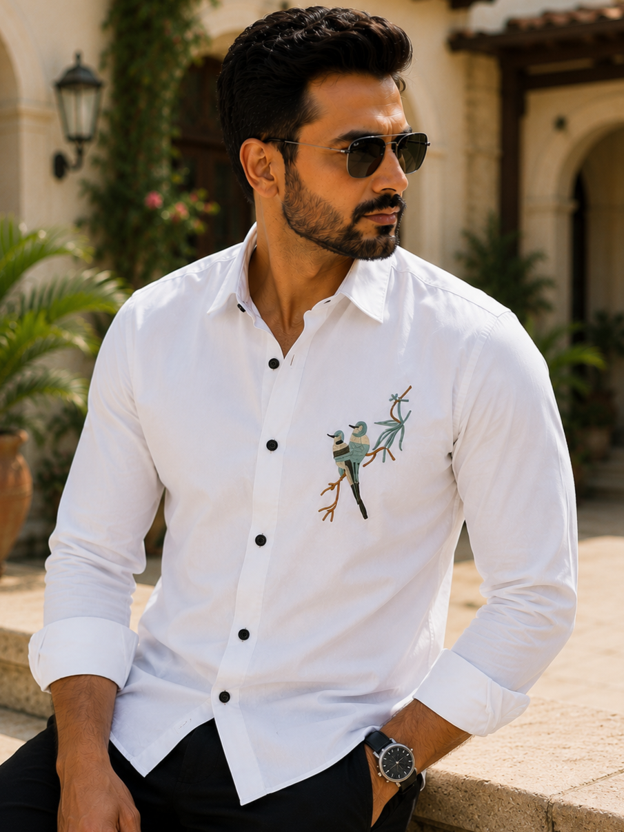WHITE EMBROIDERED DESIGNER SATIN COTTON SHIRT MEN'S