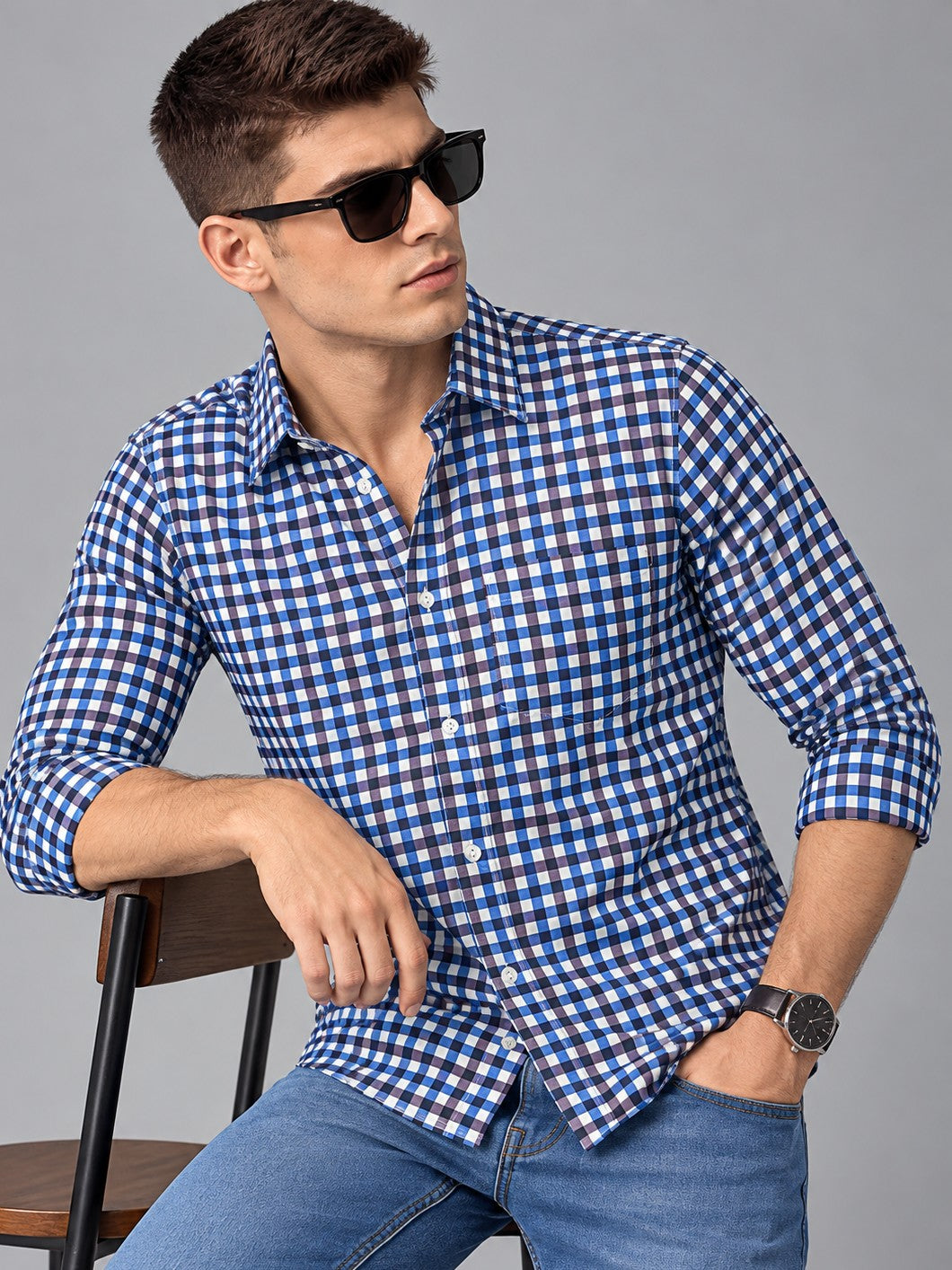 Men Premium Navy Blue Regular Fit Checked Formal, Casual Shirt
