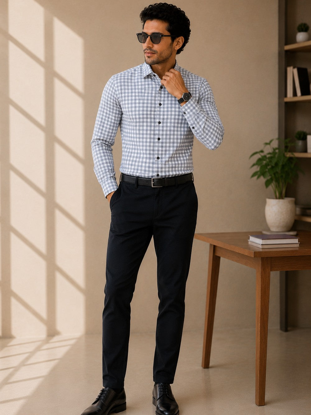 GREY CHECKERED PRINTED COTTON CASUAL SHIRT FOR MEN'S