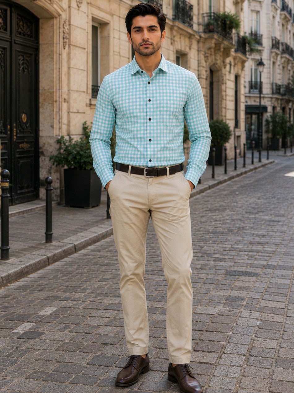 CYAN CHECKS PRINTED COTTON CASUAL SHIRT FOR MEN'S