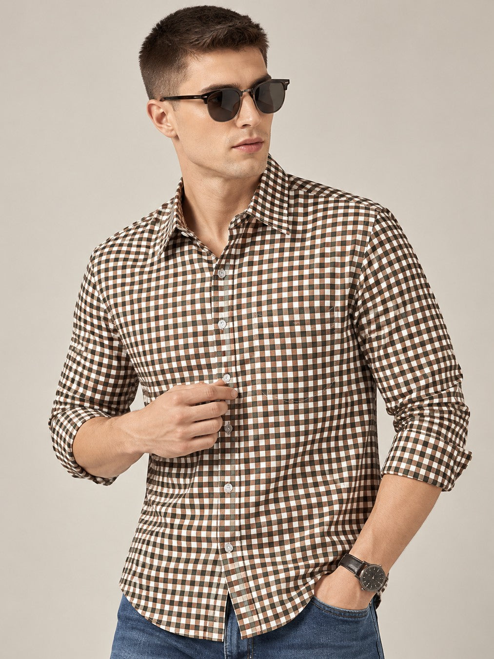 Men Premium Brown Regular Fit Checked Formal, Casual Shirt