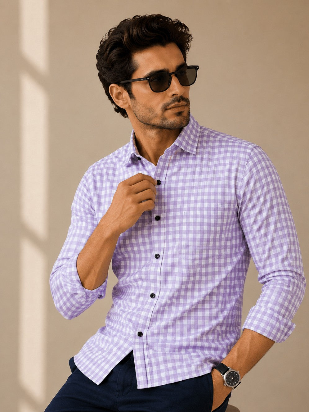 PURPLE CHECKERED PRINTED COTTON CASUAL SHIRT FOR MEN'S
