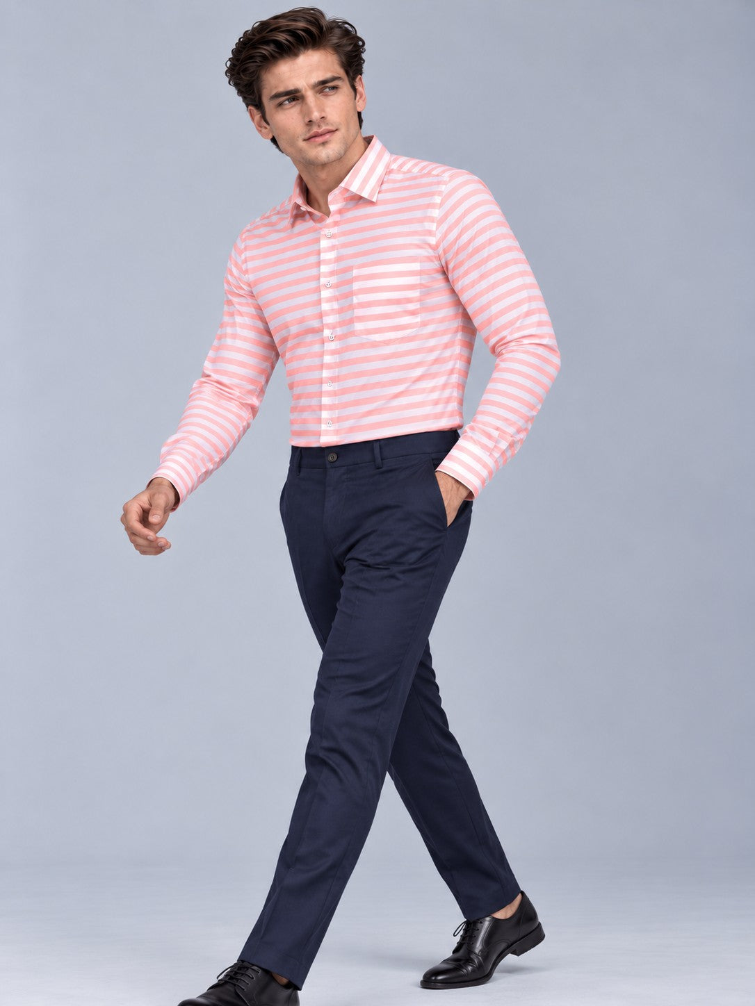 Men Classic Pink Horizontal Stripes Striped Formal, Casual Shirt