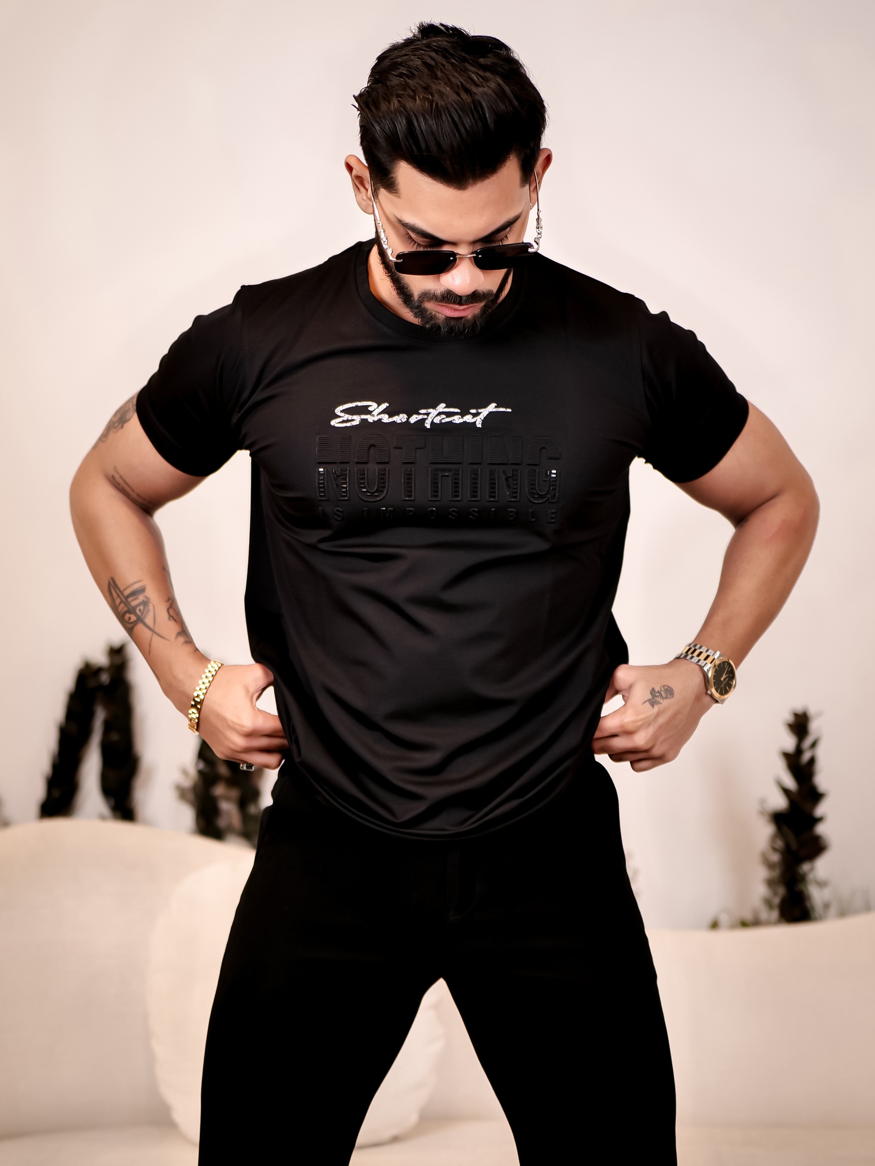 Black Round Neck Imported Cotton Half Sleeve Premium Designer T-Shirt