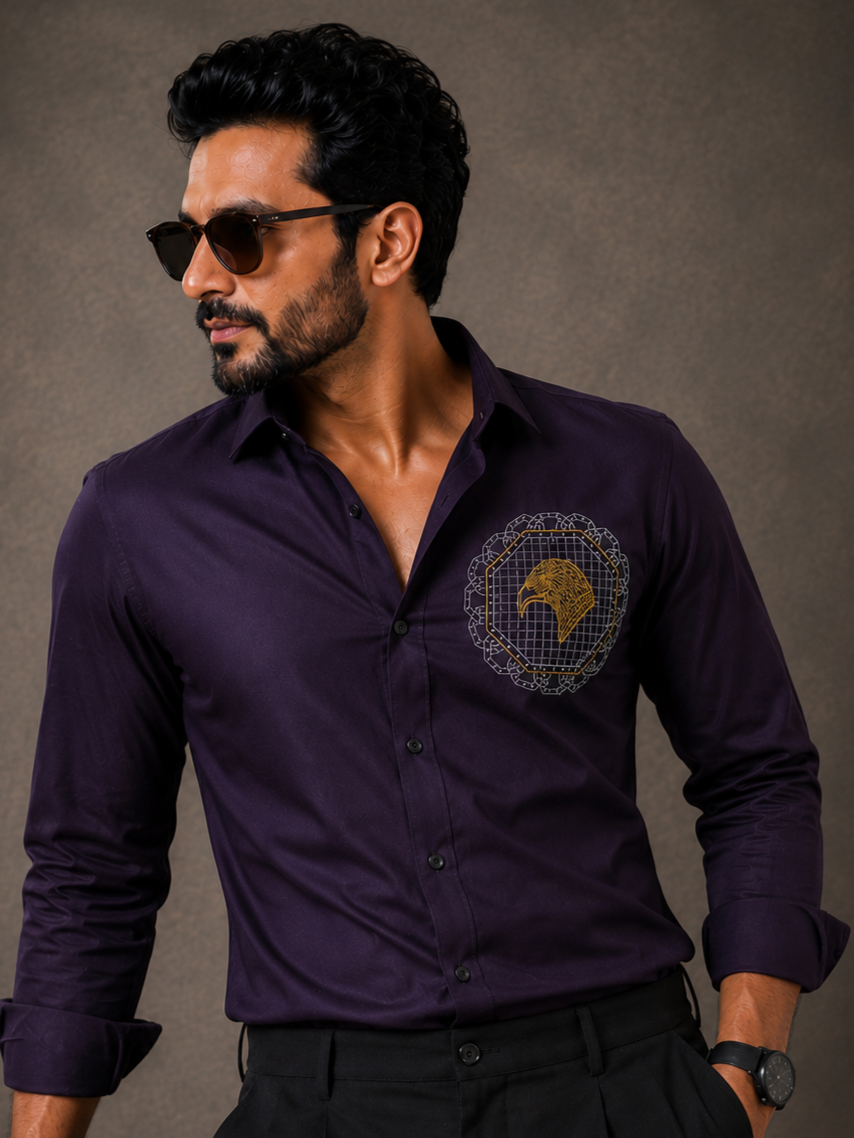 DARK PURPLE EMBROIDERED DESIGNER SATIN COTTON SHIRT MEN'S