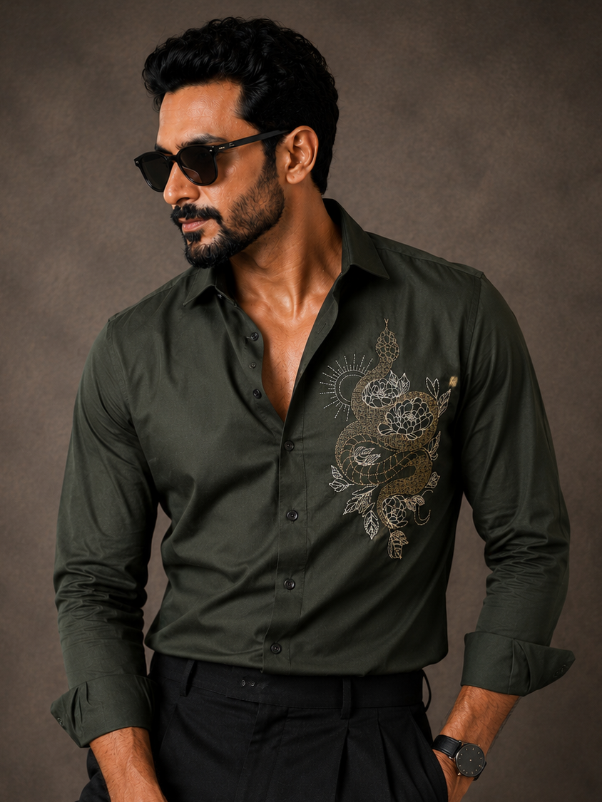 OLIVE EMBROIDERED DESIGNER SATIN COTTON SHIRT MEN'S