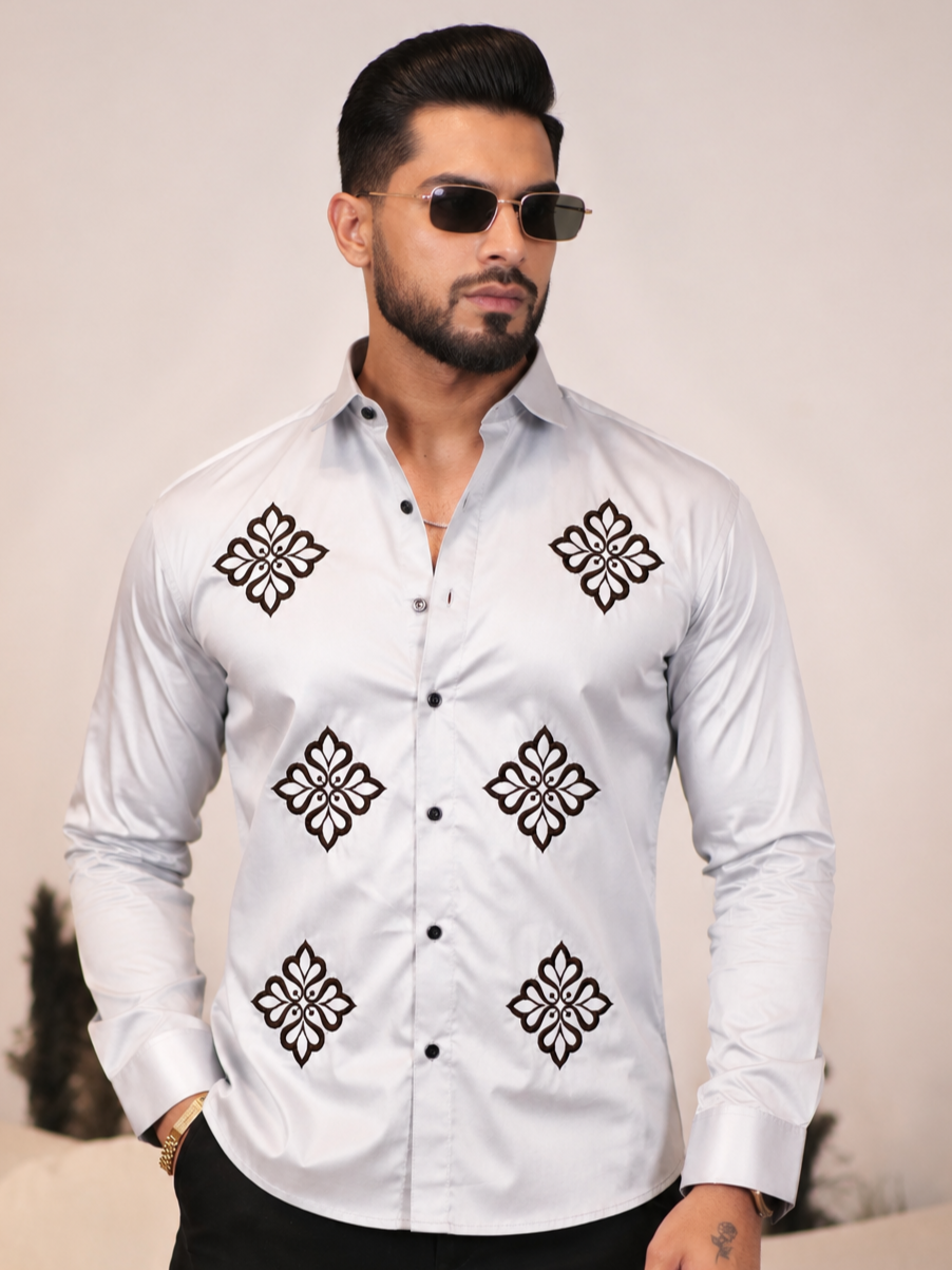 GREY EMBROIDERED DESIGNER SATIN COTTON SHIRT MEN'S