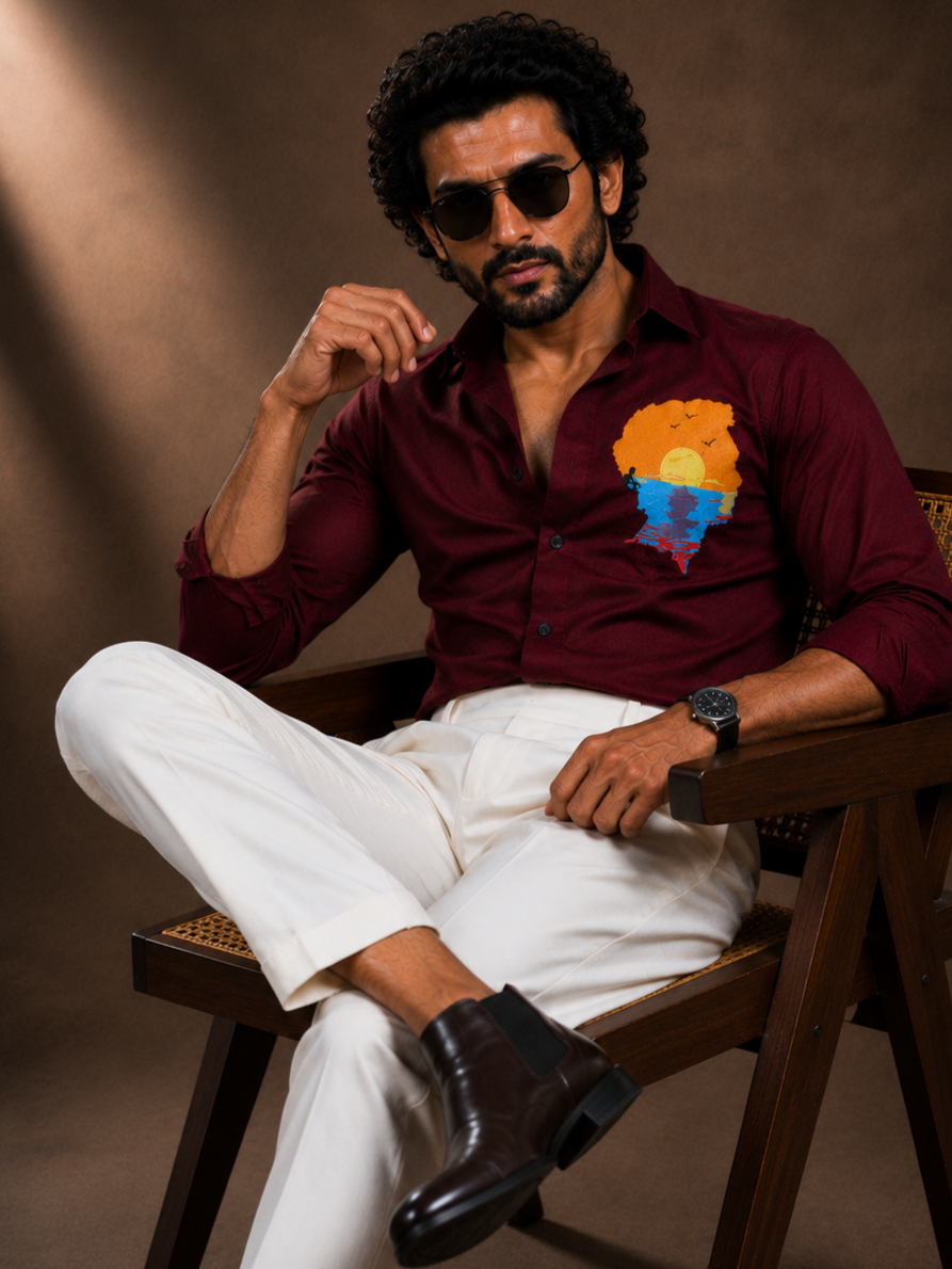 MAROON EMBROIDERED DESIGNER SATIN COTTON SHIRT MEN'S