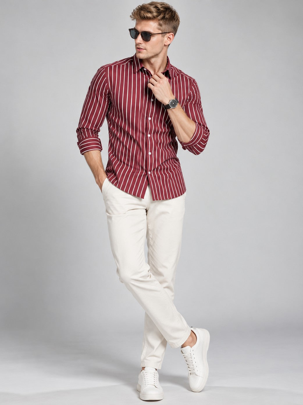 Men Classic Maroon Striped Formal, Casual Wear Shirt