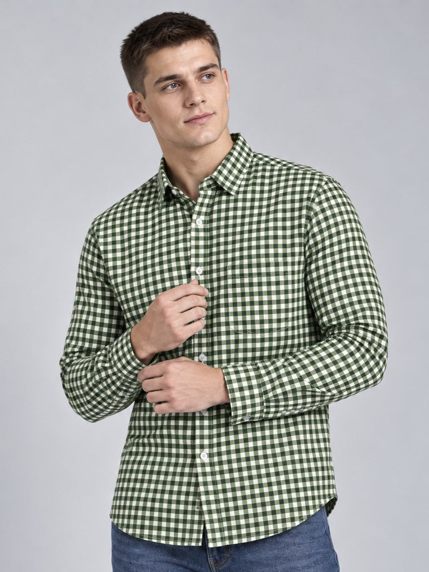 Men Premium Green Regular Fit Checked Formal, Casual Shirt