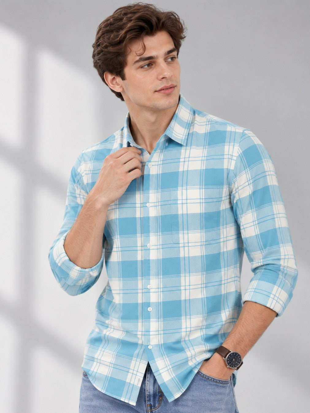 Men's Aqua Checked Casual and Formal Shirt