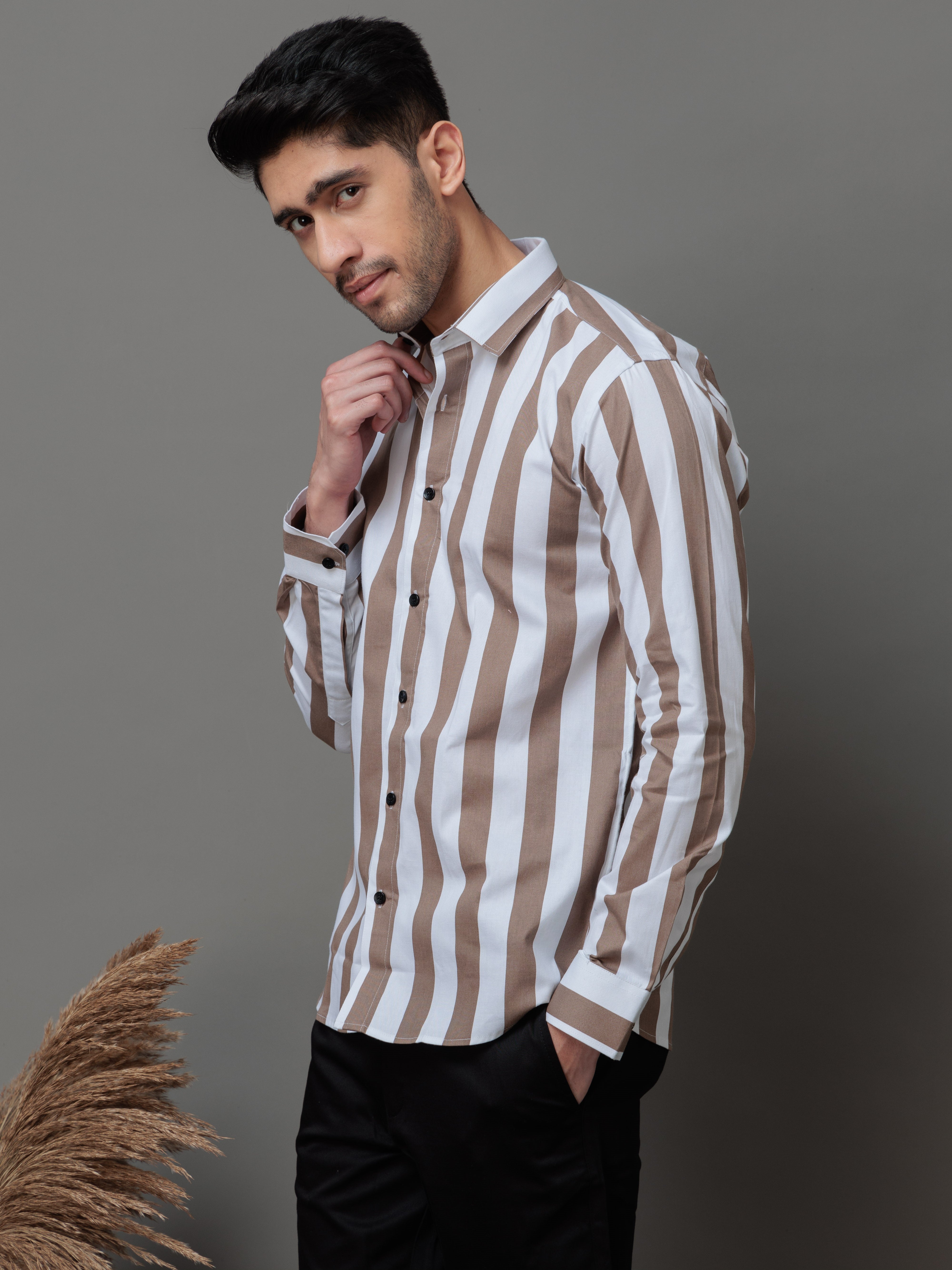 METALLIC BROWN STRIPED COTTON CASUAL SHIRT FOR MEN&#39;S