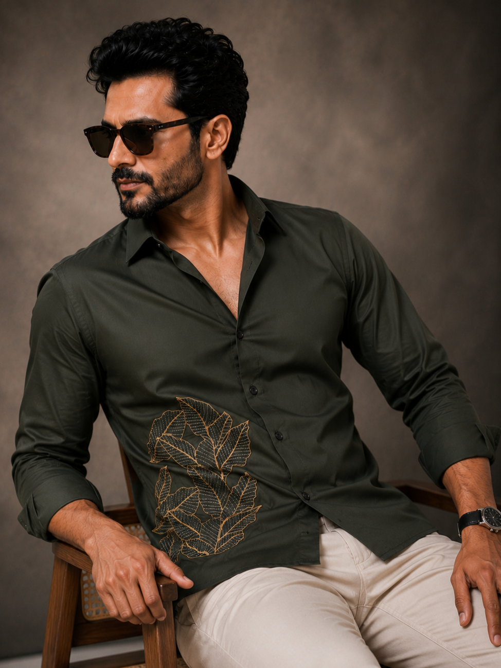 OLIVE EMBROIDERED DESIGNER SATIN COTTON SHIRT MEN'S