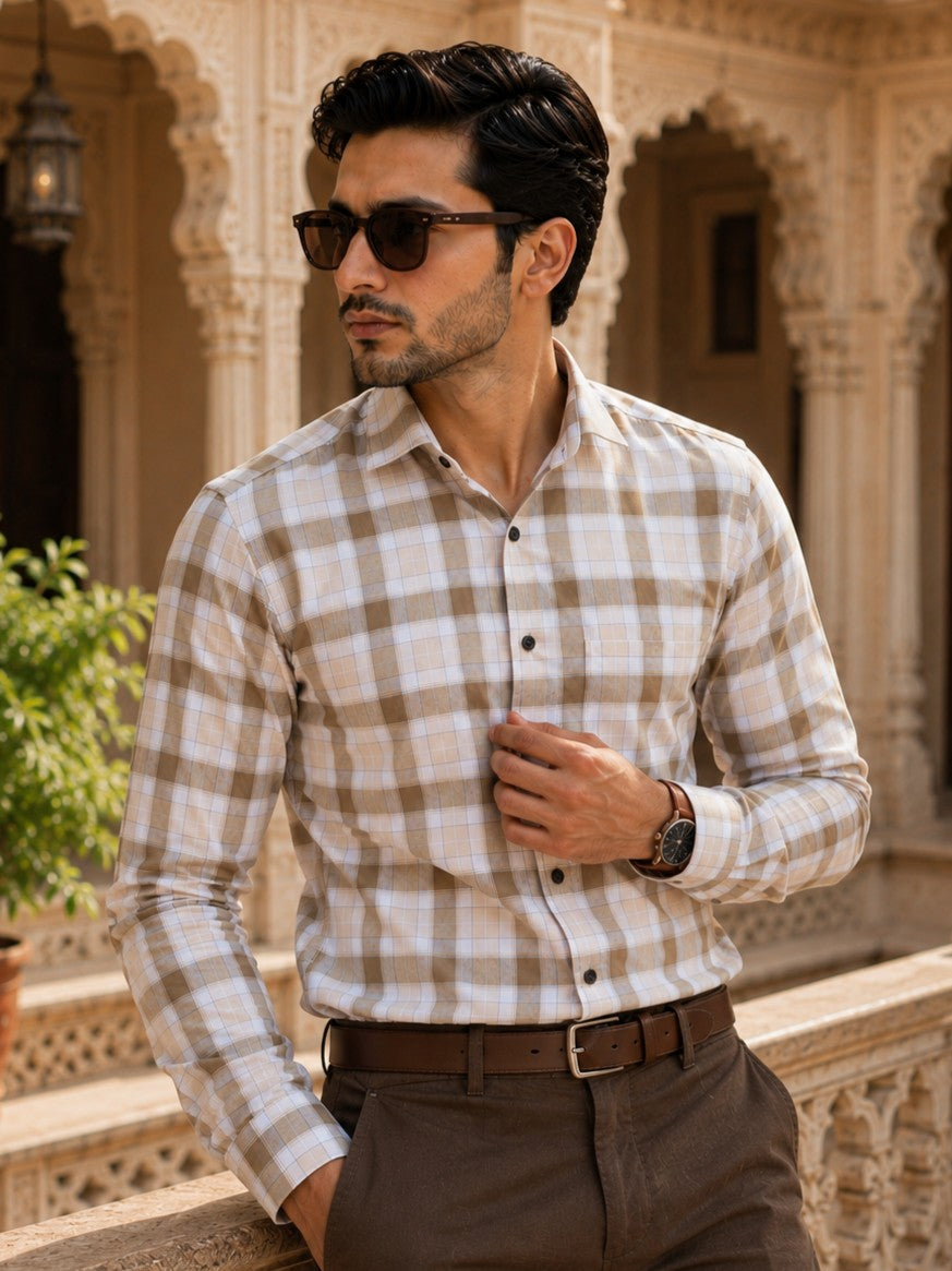 SQUARE WOOD CHECKED COTTON CASUAL SHIRT FOR MEN'S