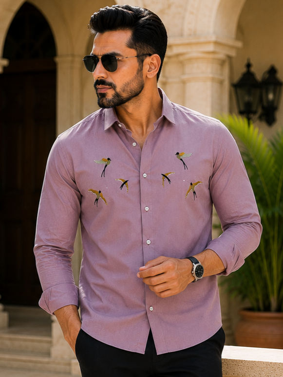 MAGENTO BIRDS EMBROIDERED DESIGNER SATIN COTTON SHIRT MEN'S