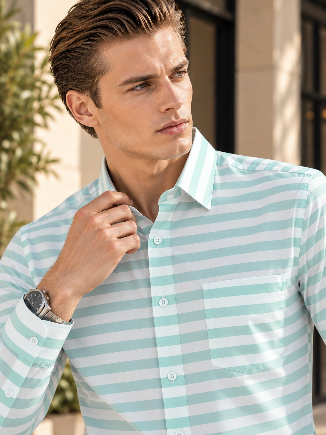 Men Classic Green Horizontal Stripes Striped Formal, Casual Shirt