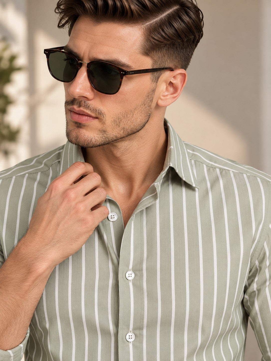 Men Classic Light Green Striped Formal, Casual Wear Shirt