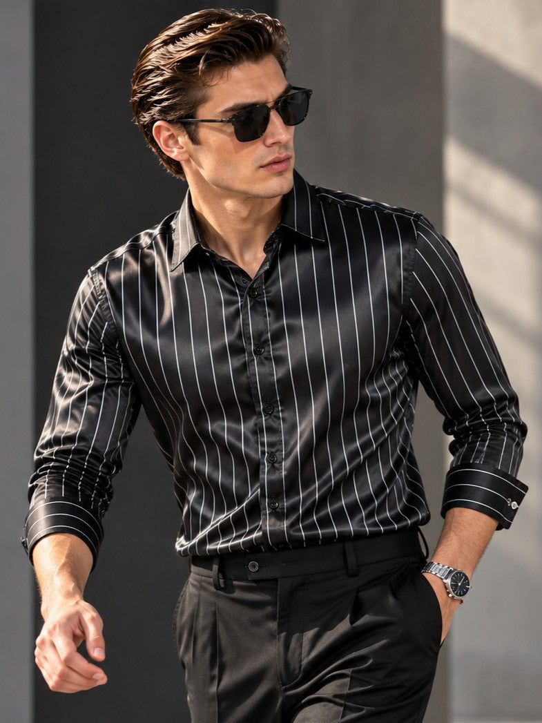 Men Black Formal and Party Striped Shirt