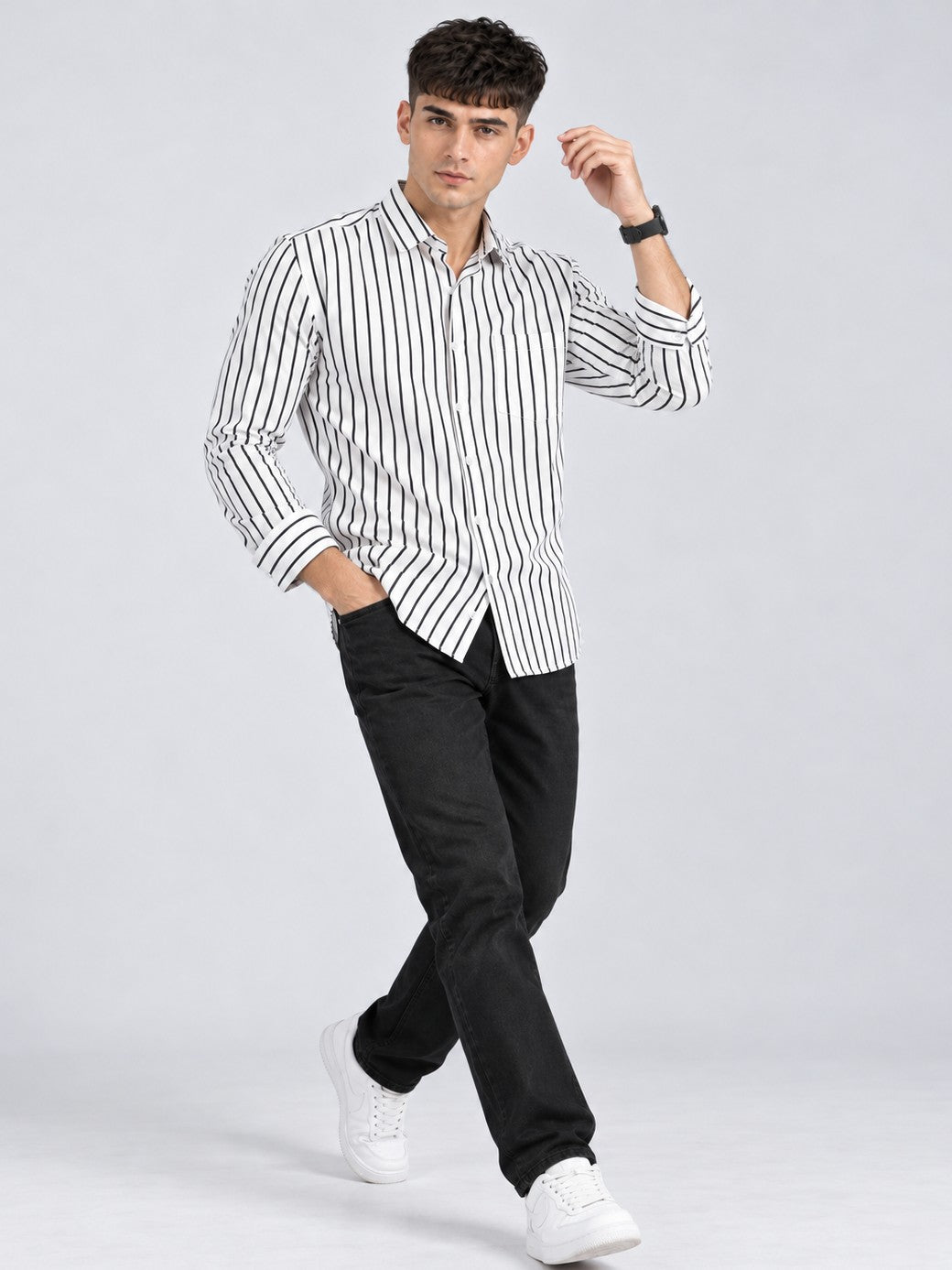 Men Classic White Striped Formal, Casual Wear Shirt