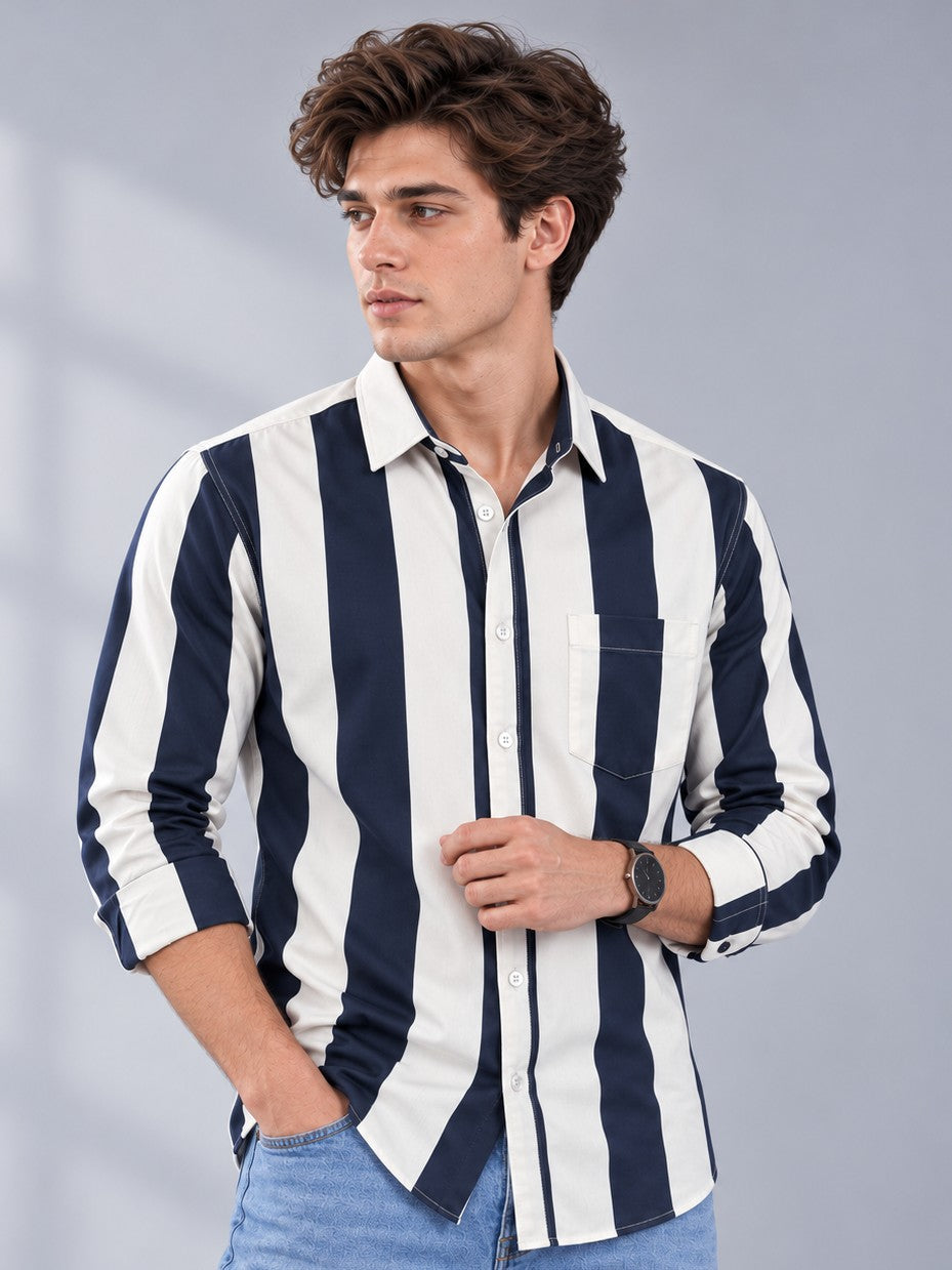 Men Navy Striped Regular Fit Formal, Casual Wear Shirt