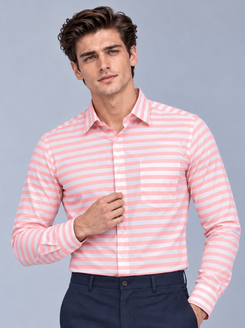 Men Classic Pink Horizontal Stripes Striped Formal, Casual Shirt