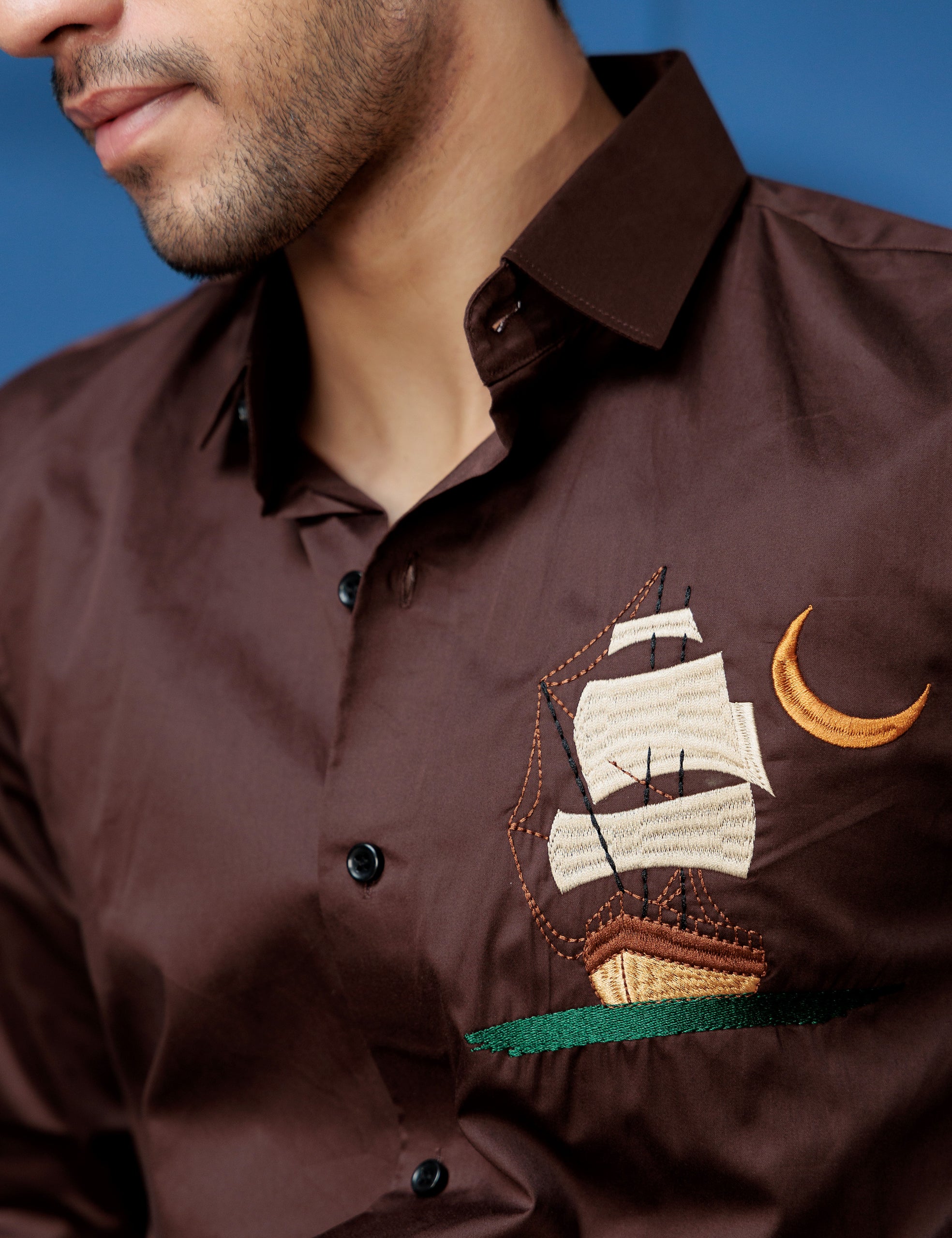 FOOMER BROWN BOAT EMBROIDERED CLUB WEAR SATIN COTTON SHIRT