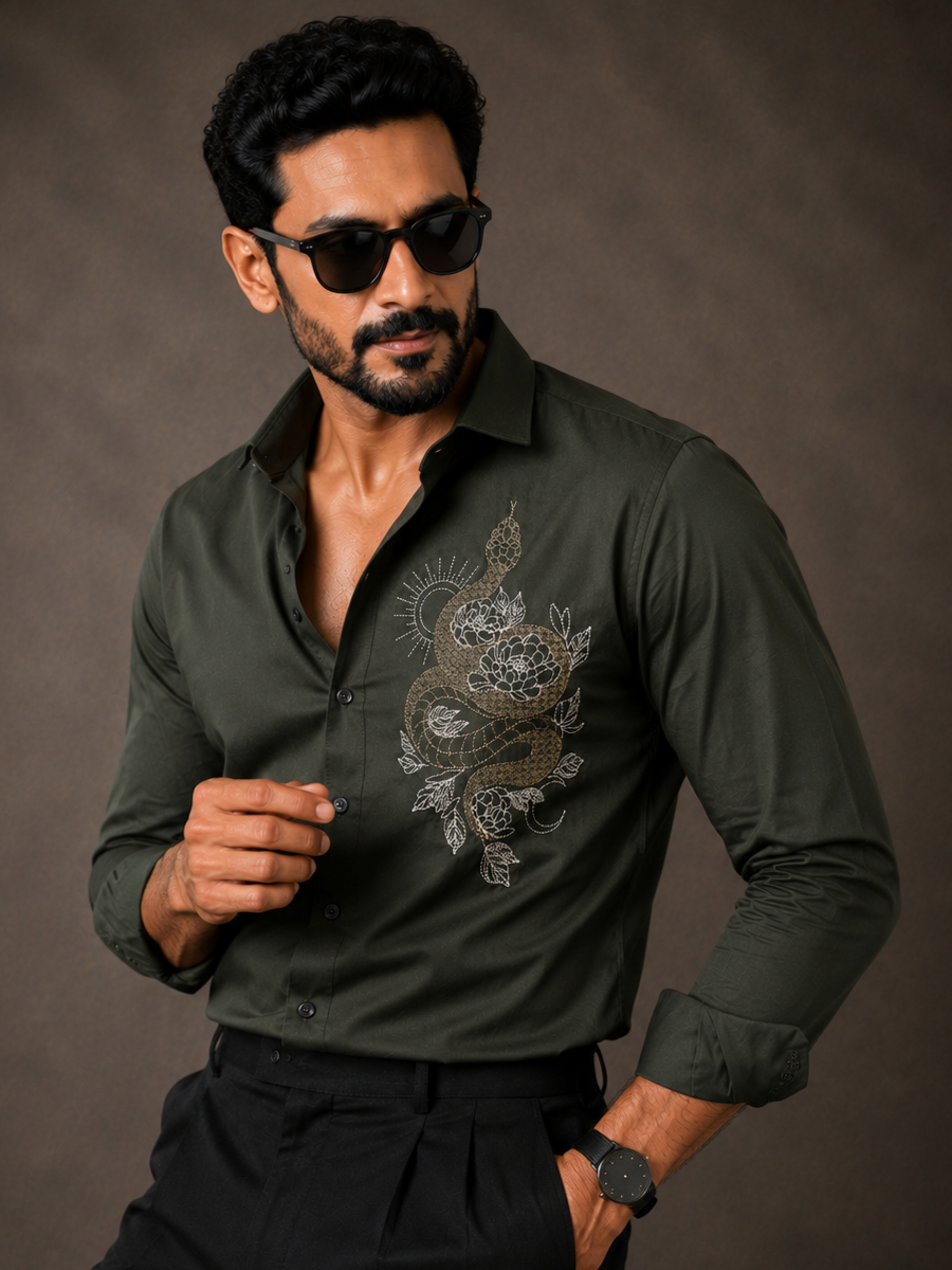 OLIVE EMBROIDERED DESIGNER SATIN COTTON SHIRT MEN'S