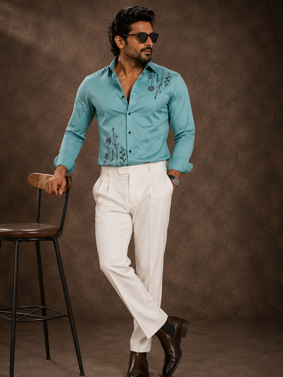 CYAN EMBROIDERED DESIGNER SATIN COTTON SHIRT MEN'S