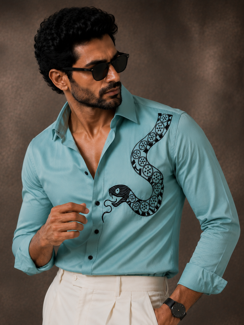 CYAN EMBROIDERED DESIGNER SATIN COTTON SHIRT MEN'S
