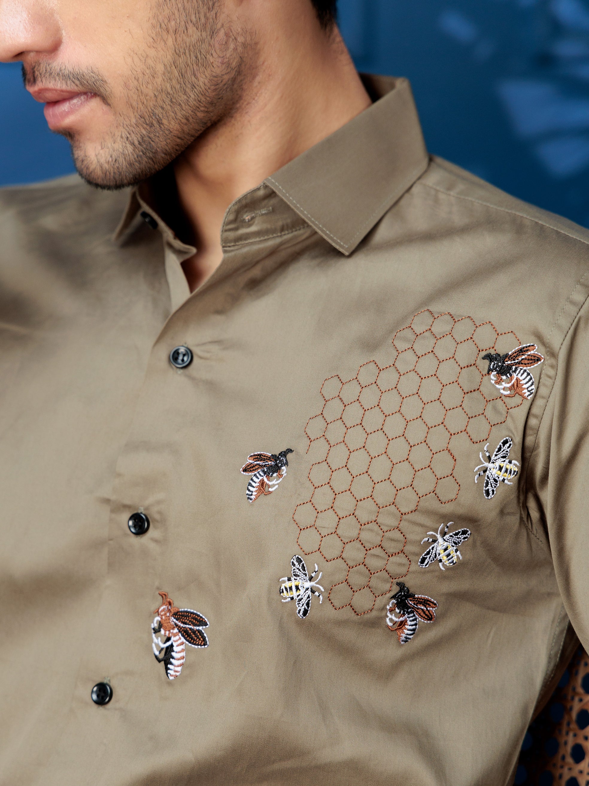 FOOMER GREEN HONEY BEES EMBROIDERED CLUB WEAR SATIN COTTON SHIRT