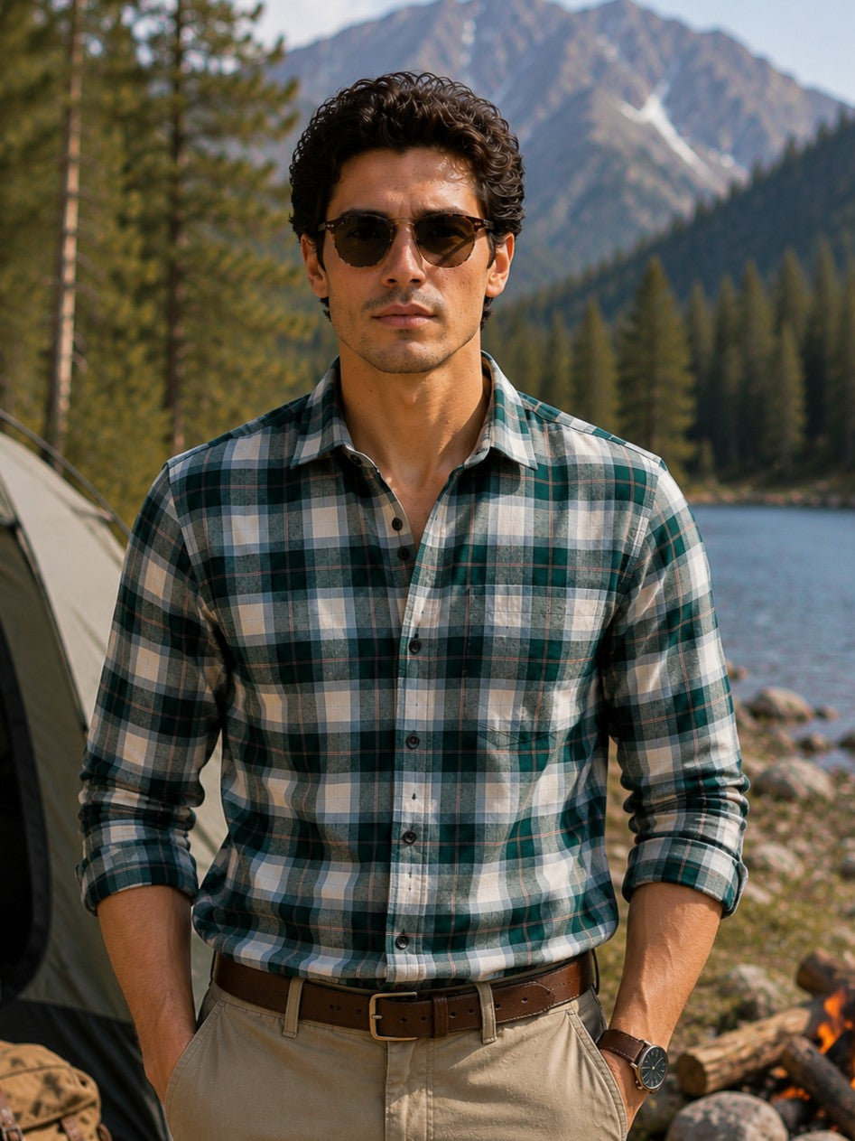 SQUARE GREEN CHECKED COTTON CASUAL SHIRT FOR MEN'S