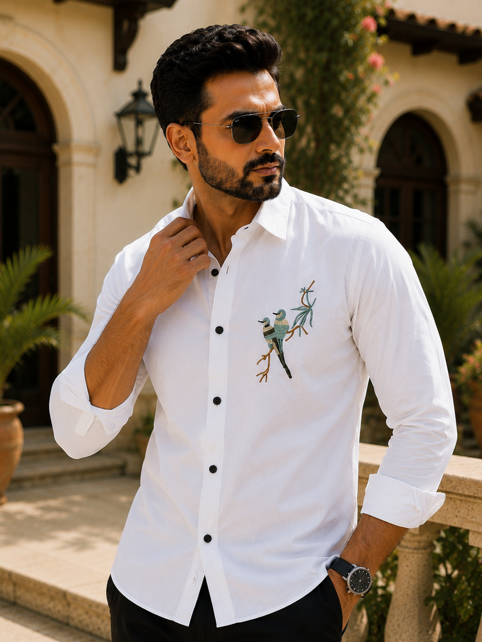 WHITE EMBROIDERED DESIGNER SATIN COTTON SHIRT MEN'S