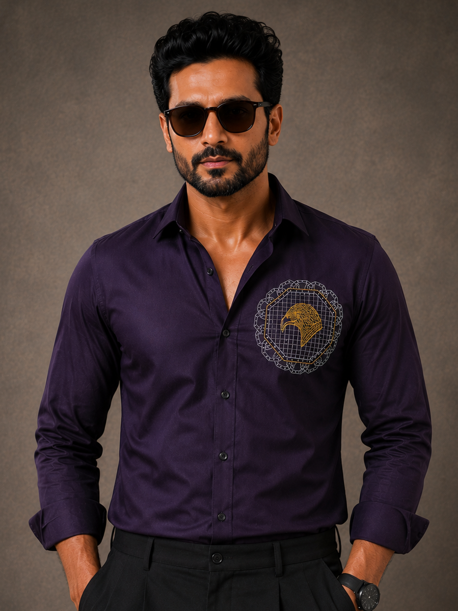DARK PURPLE EMBROIDERED DESIGNER SATIN COTTON SHIRT MEN'S